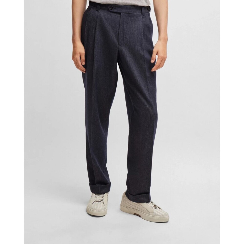 HUGO BOSS Pants Mens Size 32 Navy Relaxed Pleated Denim Effect Virgin Wool $645